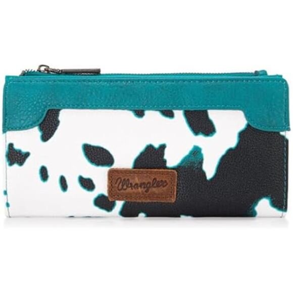 Wrangler Women's Cow Print Bifold Wallet - Vegan Leather With ID Window & Multiple Card Slots (WG133-W002BR)